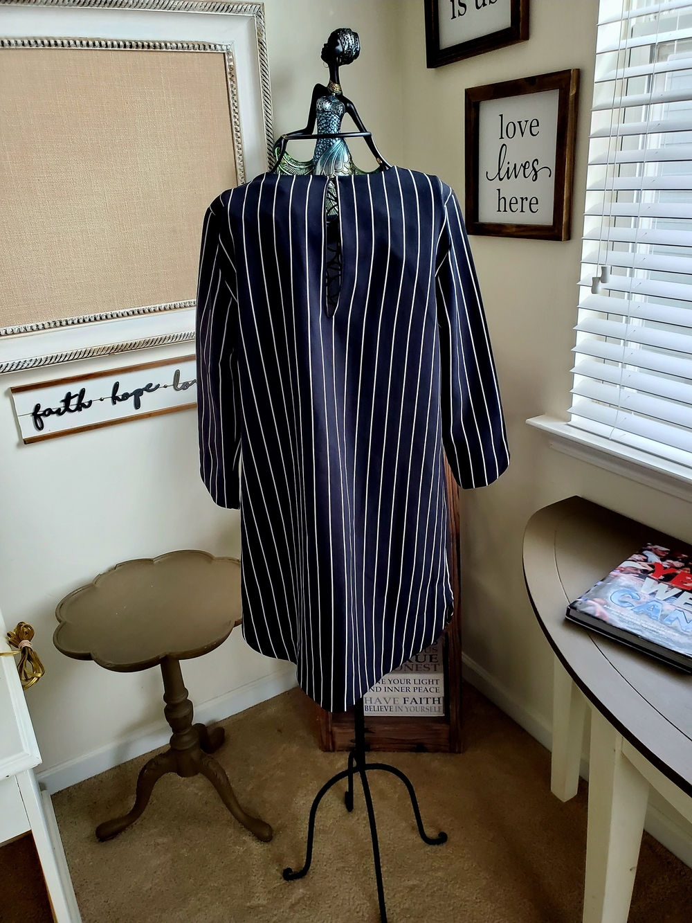 H&M Navy and White Pinstripe Long Sleeve Shift Dress - Picture 5 of 6